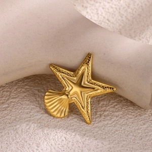 Close-up of gold-plated starfish and shell brooch with textured details on sand background