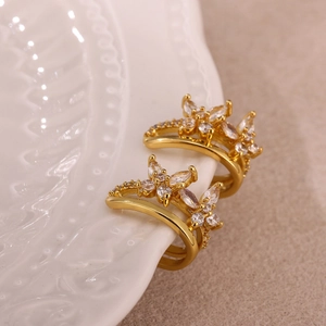 Luxury Butterfly 304 Stainless Steel Zirconia Hoop Earrings For Women Elegant Gold Plated Butterfly Ear Cuffs Wedding Jewelry