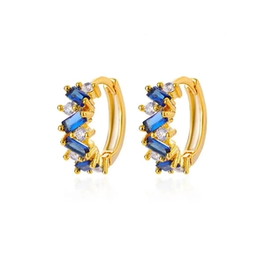 Minimalist gold-plated hoop earrings featuring alternating blue and clear zircons