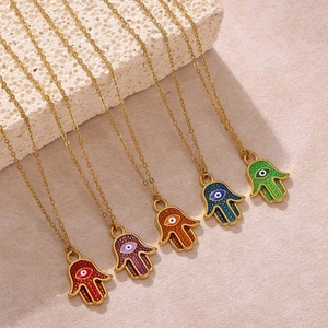 Bohemian Stainless Steel Hamsa Hand Evil Eye Pendant Necklace Gold Plated Enamel Amulet Fashion Jewelry For Women Men