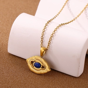 Vintage gold stainless steel necklace with evil eye pendant and deep blue gemstone