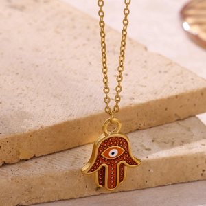 Gold plated stainless steel Hamsa necklace with orange enamel evil eye pendant