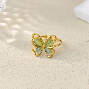 Anillo Abierto Ajustable de Mariposa de Cobre Chapado en Oro para Mujer Con Diamante de Imitación Piedra de Ojo de Gato Artificial Joyería de Moda Regalo