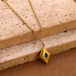 Bohemian gold stainless steel necklace with green gemstone diamond-shaped pendant