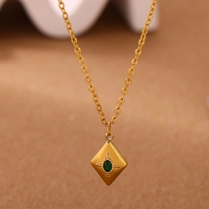 Bohemian gold stainless steel necklace with green gem pendant in a vintage rhombic design