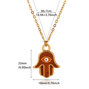 Gold Hamsa evil eye necklace with dimensions 38+7cm chain and 23mm pendant size