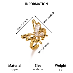 Anillo abierto de mariposa chapado en oro con circonitas blancas para mujer