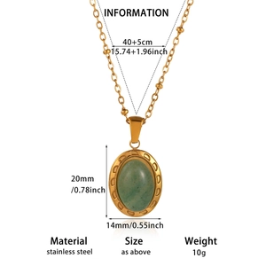 Collier avec pendentif ovale en pierre naturelle verte en acier inoxydable doré