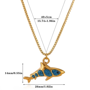 Detailed size specifications for gold shark pendant necklace with blue enamel and chain length