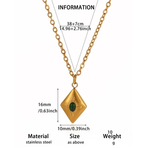 Detailed specs of stainless steel necklace with green stone diamond-shaped pendant