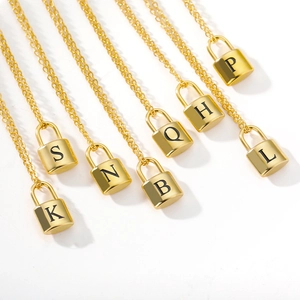 Gold stainless steel initial lock necklaces featuring engraved alphabet pendants K S N B Q
