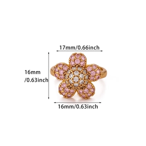 Close-up detail of luxury zircon flower ring measuring 17mm with pink and white crystals