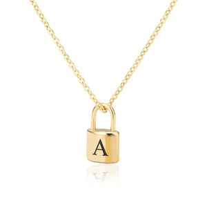 Polished gold padlock pendant necklace with letter A on fine O-chain with mirror reflection