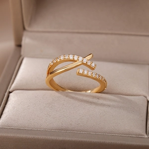 Anello Aperto in Rame Zirconia Vintage per Donna Regolabile Multistrato Geometrico a Linea Avvolgente Forma di Fulmine Gioielli