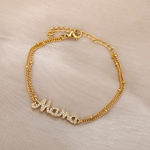 18k gold plated double layer bead bracelet with crystal mama letter pendant for mothers