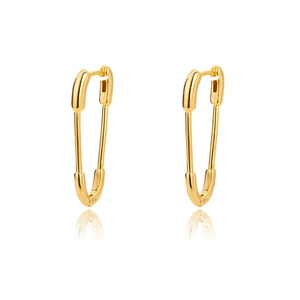 Polished gold safety pin earrings with a minimalist geometric buckle design