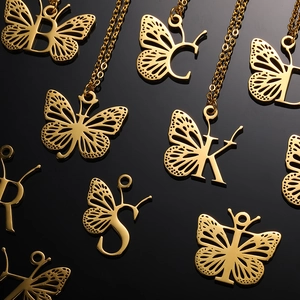 Gold hollow butterfly wing alphabet pendant necklace with stainless steel chain