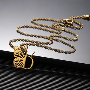 Golden stainless steel letter D necklace with hollow butterfly wing pendant on O-chain