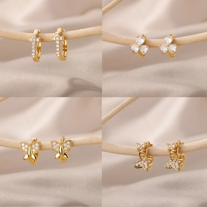 18K Vergoldet Zirkonia Schmetterling Herz Kreuz Libelle Ohrstecker Creolen Damen Schmuck Edelstahl Ohrring Stift