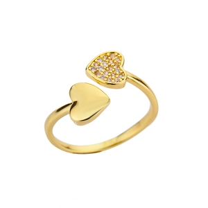 Minimalist 18k gold plated open ring with double hearts and sparkling crystal pavé