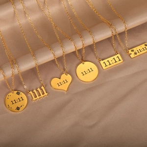 18K gold plated stainless steel 11:11 angel number heart and rectangle pendant necklaces
