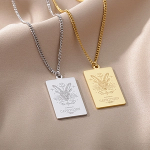 Detalle de los colgantes del zodiaco Capricornio en acero color dorado y plata