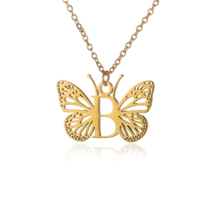 Golden stainless steel necklace featuring a cutout butterfly pendant with letter B