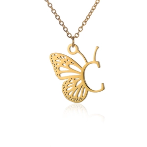 Golden stainless steel necklace featuring a hollow butterfly wing and letter C pendant