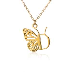 Gold stainless steel butterfly wing necklace featuring an asymmetrical letter D pendant