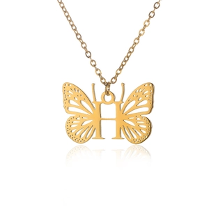 Golden stainless steel necklace featuring a hollow butterfly pendant with letter H design