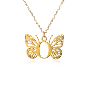 Gold stainless steel necklace featuring a hollow butterfly pendant with letter O design