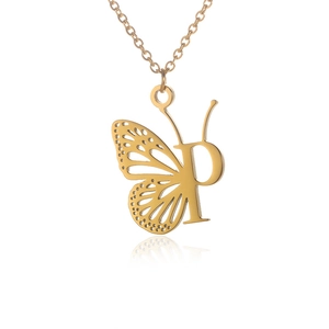 Elegant gold stainless steel butterfly necklace featuring hollow wing and letter P pendant
