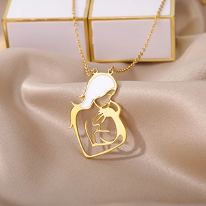 Detailed macro view of the golden Mother's Day necklace with white enamel inlay detail