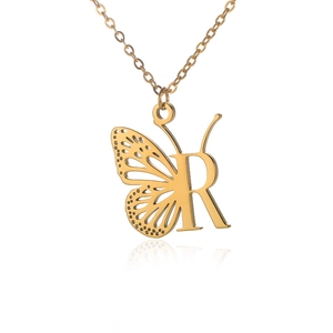 Golden stainless steel necklace featuring a cutout butterfly wing with the letter R