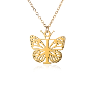Golden stainless steel butterfly necklace with intricate hollow wing design and pendant