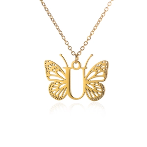 Golden stainless steel butterfly necklace pendant featuring the letter U with hollow wings