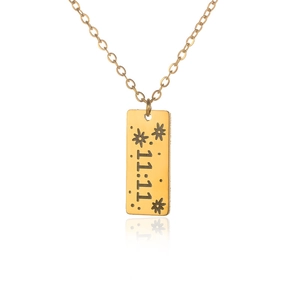 Detailed close-up of 11:11 rectangular pendant necklace in 18K gold stainless steel