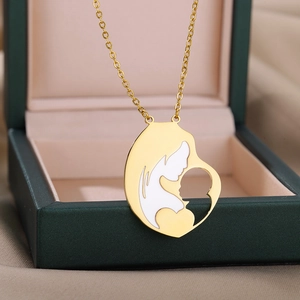 Gold stainless steel mother and child pendant necklace with white enamel inlay