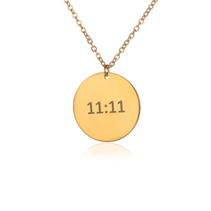 Close-up of 18K gold plated rectangular heart pendant with 11:11 engraving and fine chain