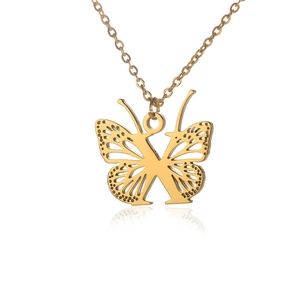 Golden butterfly wing pendant necklace with hollow pattern and initial letter detail