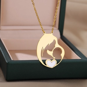 Gold stainless steel mother and child pendant necklace with heart for Mother's Day gift