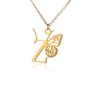 Gold stainless steel necklace featuring letter Z pendant with butterfly wing detail