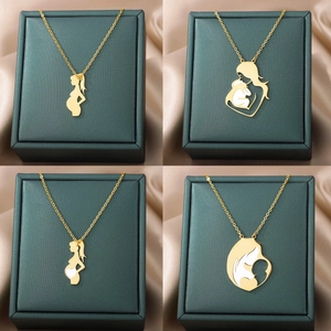 Mother's Day Stainless Steel Pendant Necklace Electroplated Mother and Baby Silhouette Heart Gift Jewelry For Women