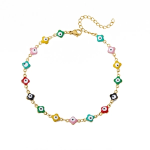 Detailed close-up of colorful evil eye clover charms on an 18K gold plated anklet chain