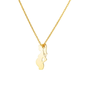 Golden stainless steel necklace featuring a polished pregnant mother silhouette pendant