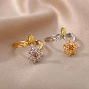 Adjustable sunflower and bee rings in gold and silver plating with zircon accents