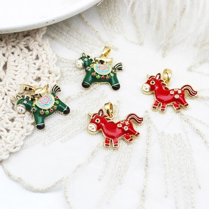 Cartoon horse pendants in red and green enamel with sparkling crystals for DIY jewelry