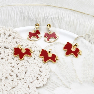 Red Enamel Rocking Horse Pendant And Stud Earrings Gold Plated Copper Artificial Pearl Rhinestone DIY Jewelry Making Charm