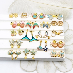 Ocean Series DIY Stud Earring Findings Copper Gold Plated Enamel Starfish Shell Mermaid Tail Earring Blank Only (Without Pearl) With 925 Silver Pin Rhinestone Jewelry Accessories