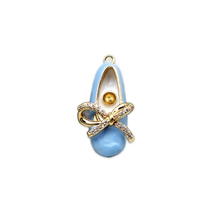 Light blue enamel ballet shoe pendant with gold bow and sparkling zircons for jewelry making